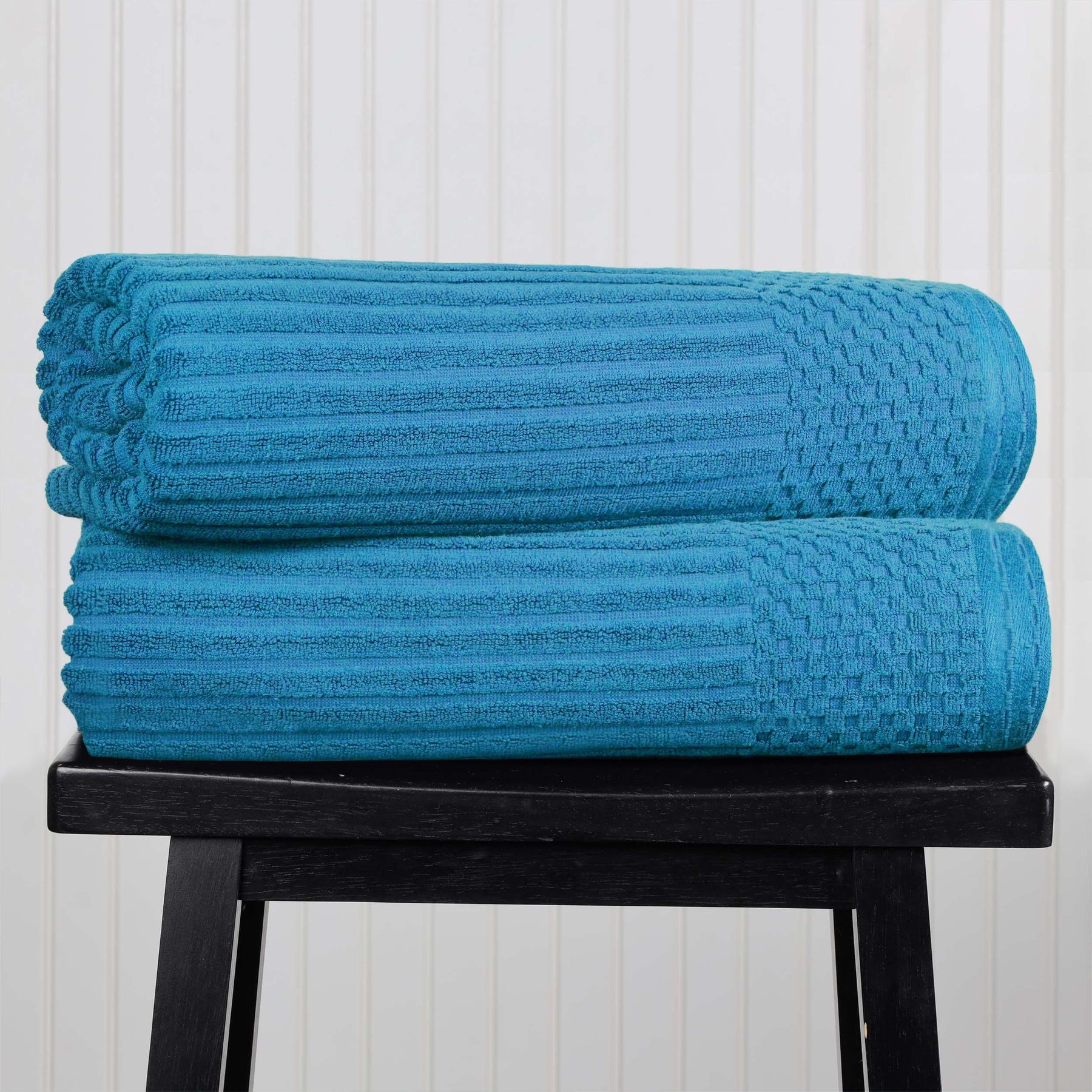 Ribbed Textured Cotton Bath Sheet Ultra-Absorbent Towel Set - Azure