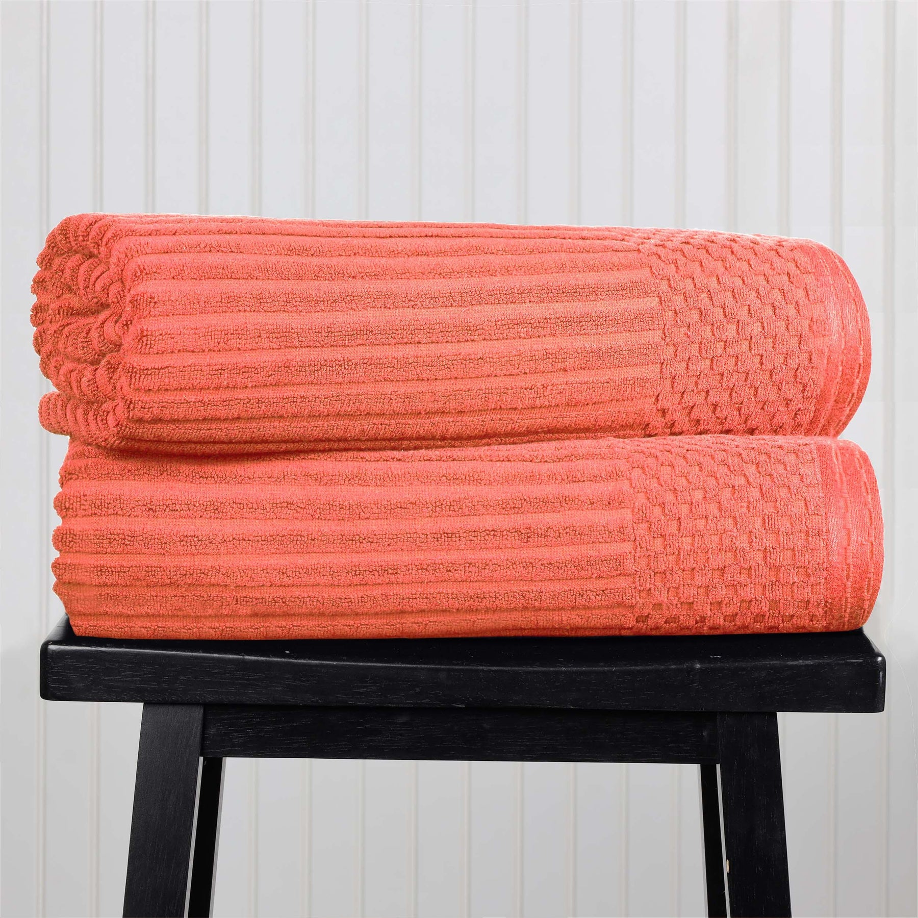Ribbed Textured Cotton Bath Sheet Ultra-Absorbent Towel Set - Coral