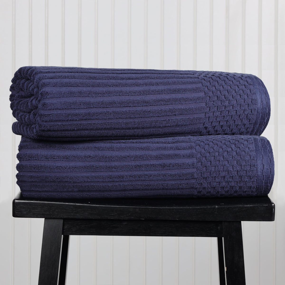 Ribbed Textured Cotton Bath Sheet Ultra-Absorbent Towel Set - Navy Blue