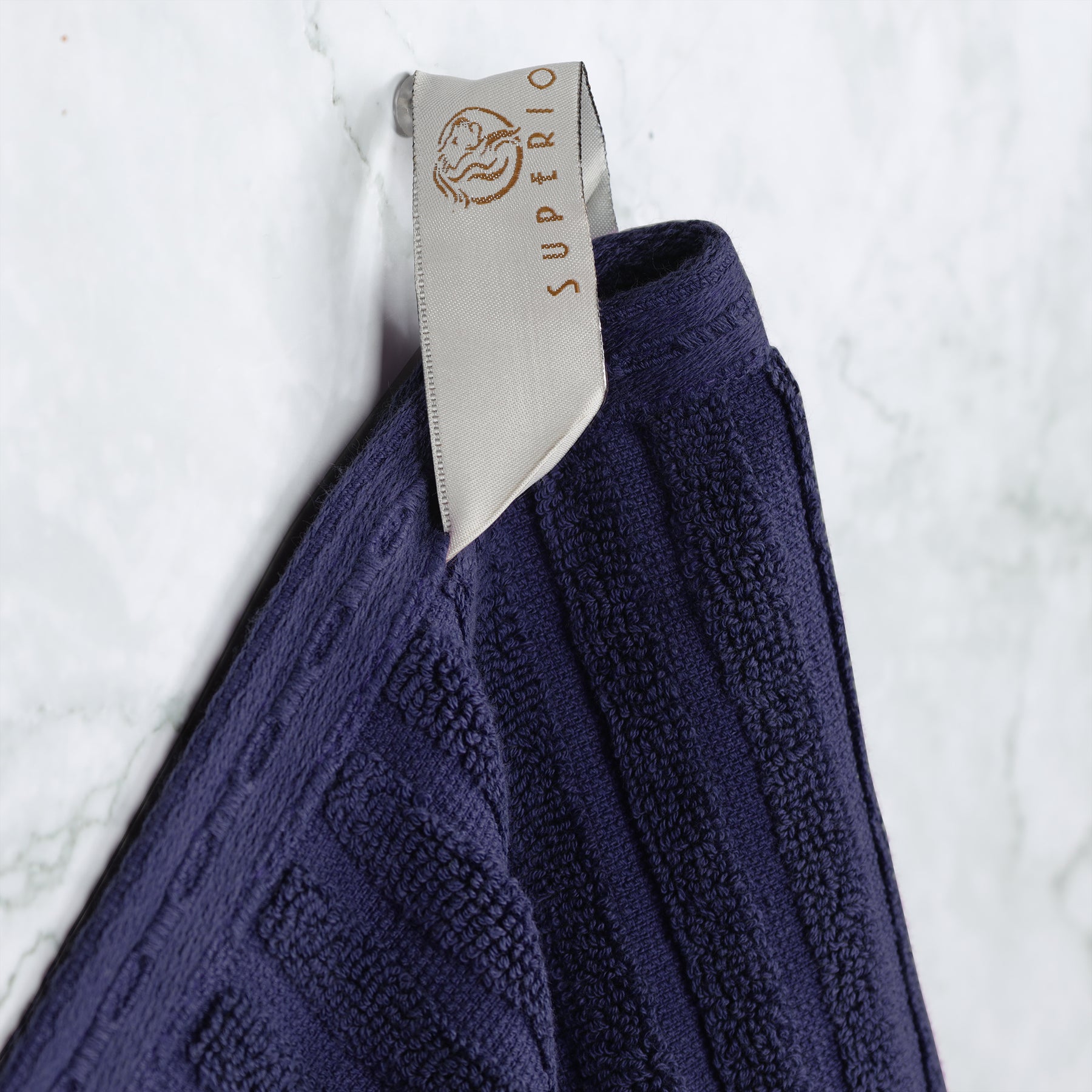 Ribbed Textured Cotton Medium Weight 6 Piece Towel Set - Navy Blue