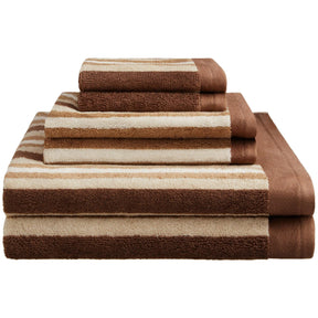 Stripes 100% Combed Cotton 6-Piece Towel Set, 2 Bath, 2 Hand, 2 Face - Chocolate