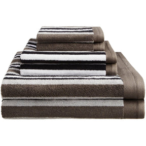 Stripes 100% Combed Cotton 6-Piece Towel Set, 2 Bath, 2 Hand, 2 Face - Chocolate