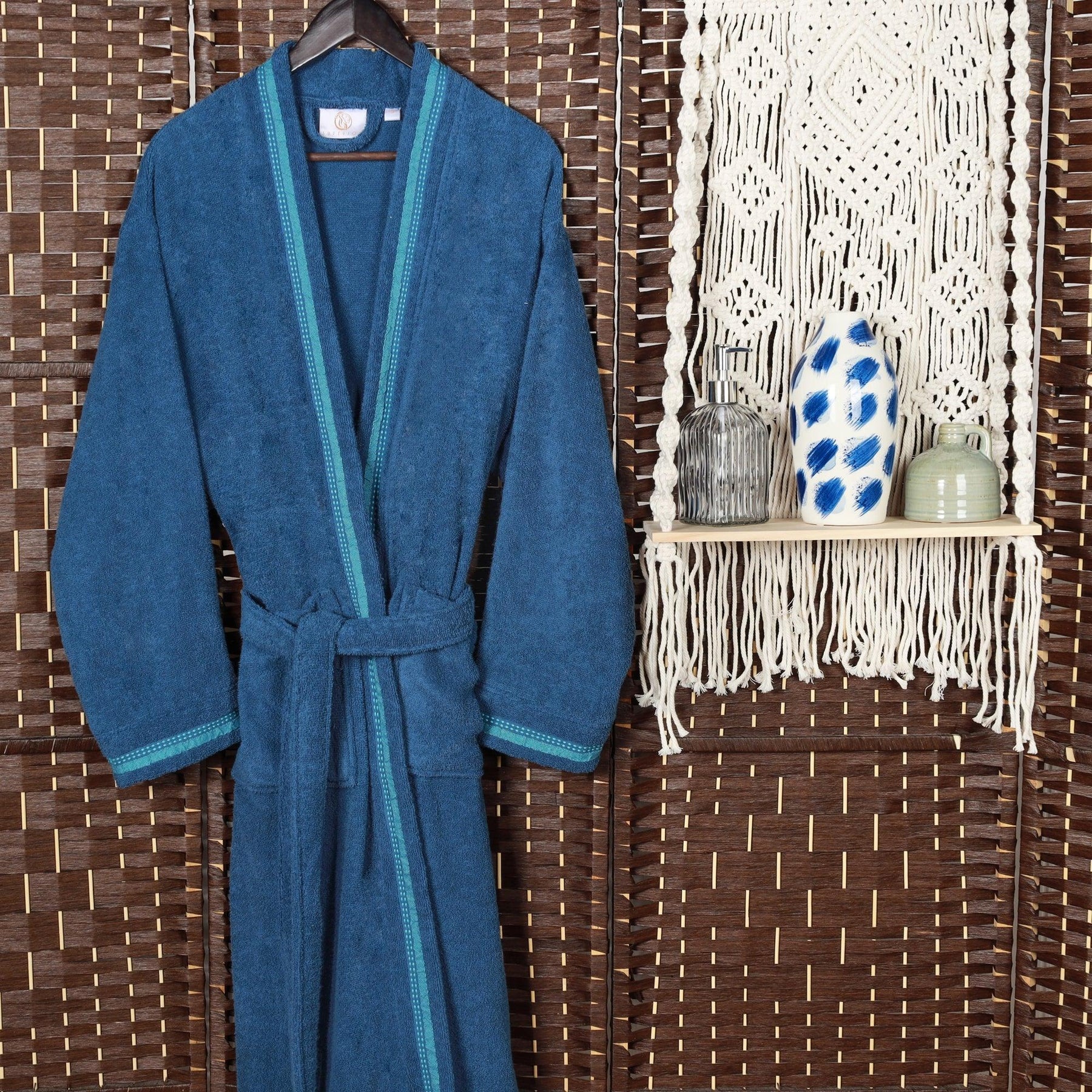 Turkish Cotton Terry Kimono Embroidered Super-Soft Unisex Bathrobe - Blue-Aqua