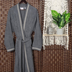 Turkish Cotton Terry Kimono Embroidered Super-Soft Unisex Bathrobe - Grey-Stone