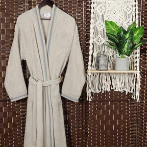 Turkish Cotton Terry Kimono Embroidered Super-Soft Unisex Bathrobe - Stone Grey