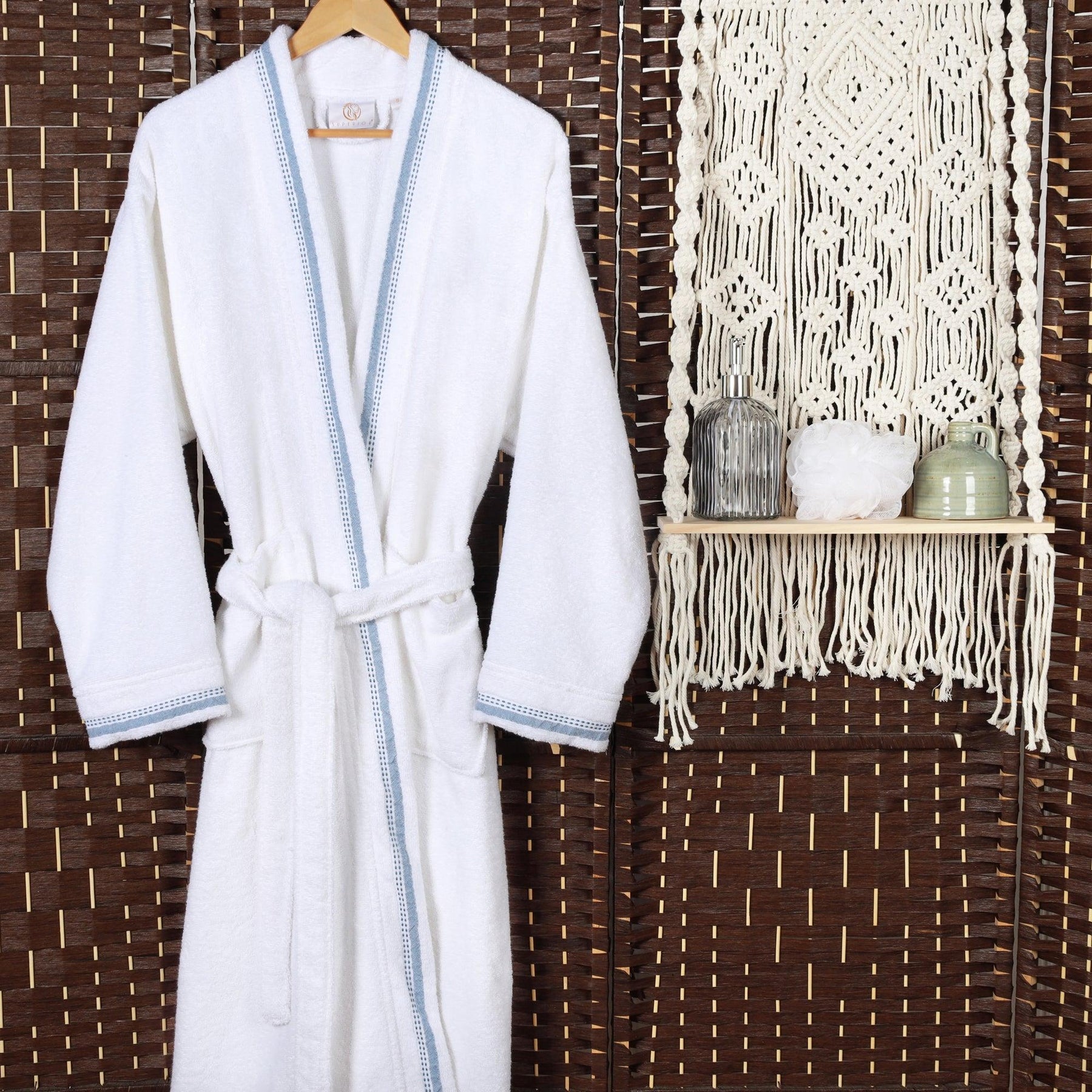 Turkish Cotton Terry Kimono Embroidered Super-Soft Unisex Bathrobe - White Blue