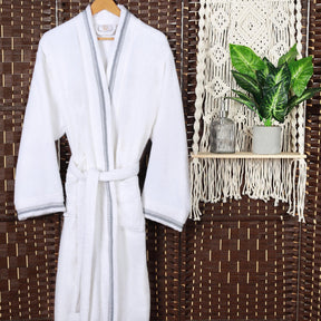Turkish Cotton Terry Kimono Embroidered Super-Soft Unisex Bathrobe - White Grey