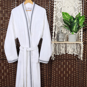 Turkish Cotton Terry Kimono Embroidered Super-Soft Unisex Bathrobe - White Black